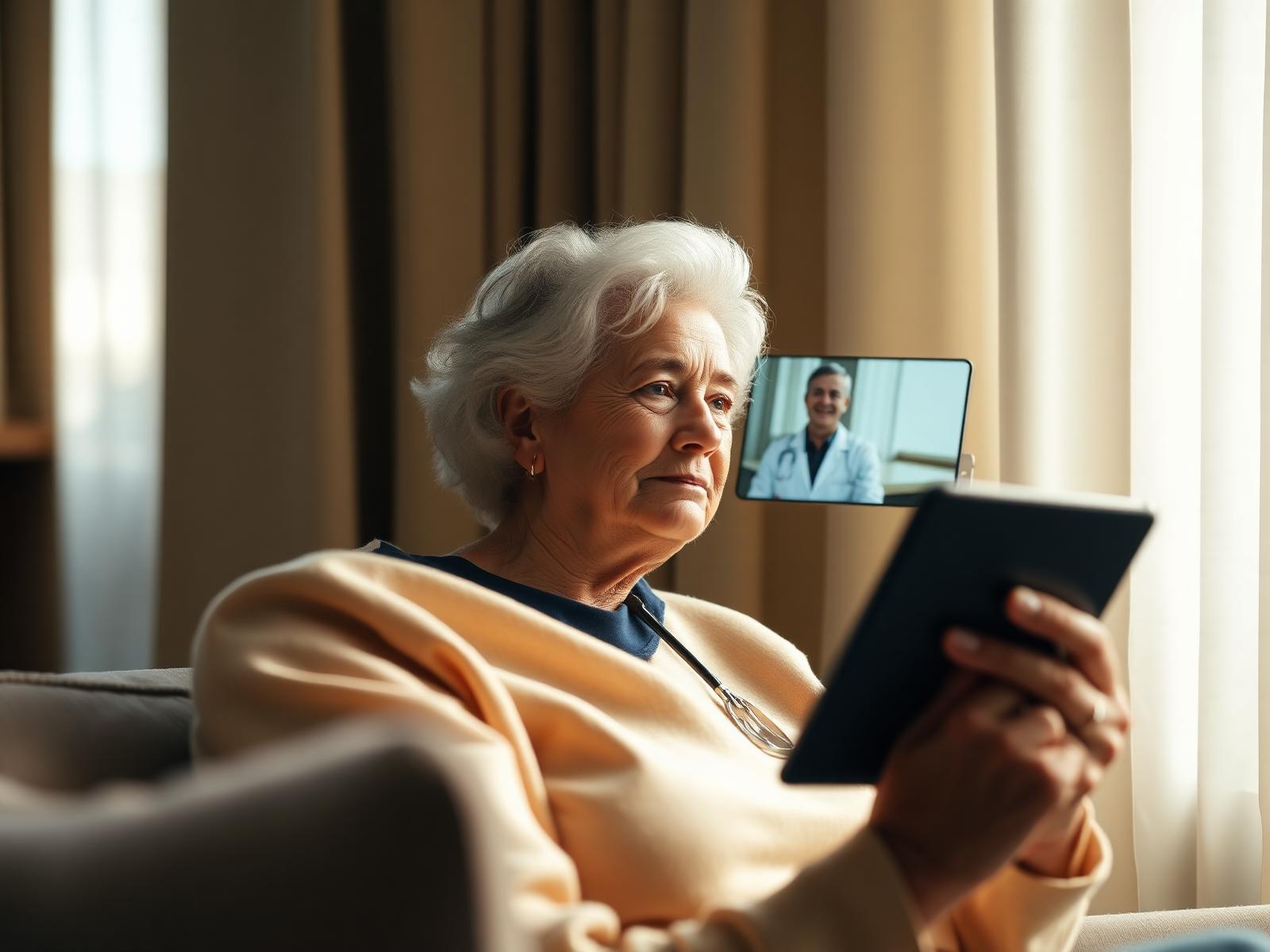 A patient meeting her PMG physician by video from home